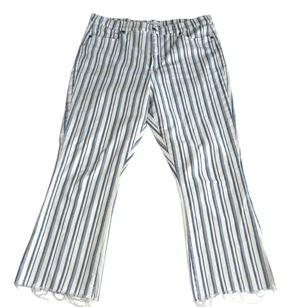 LOFT High Rise Kick Crop Jeans Womens 14 Blue White Stripe Raw Hem Flare